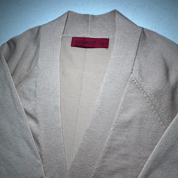 Love Scarlett Long Tan/Beige Long Open Front Cardigan Sweater Size M Side Slit - Picture 4 of 9